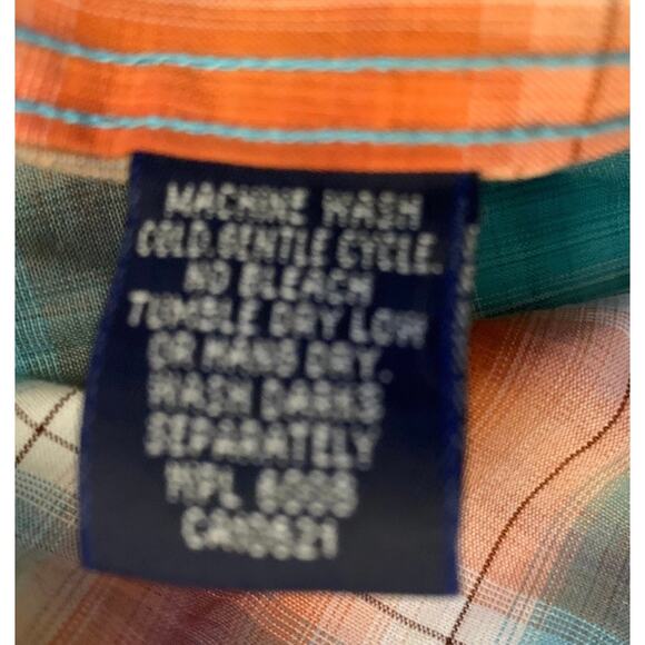 Western Shirt Large Pearl Snap Cowboy Rodeo Orange Blue Plaid Panhandle Slim - Picture 5 of 11